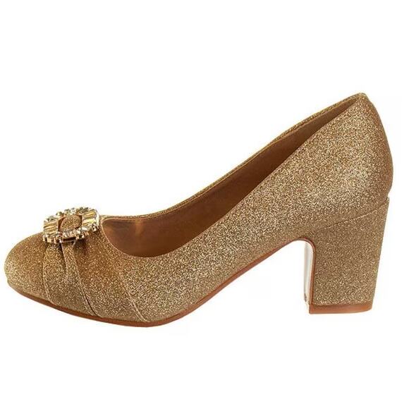 Badgley Mischka Girls' Athena Glitter Jewel Ornament Pumps Heels | Youth 5, Gold - Picture 3 of 6